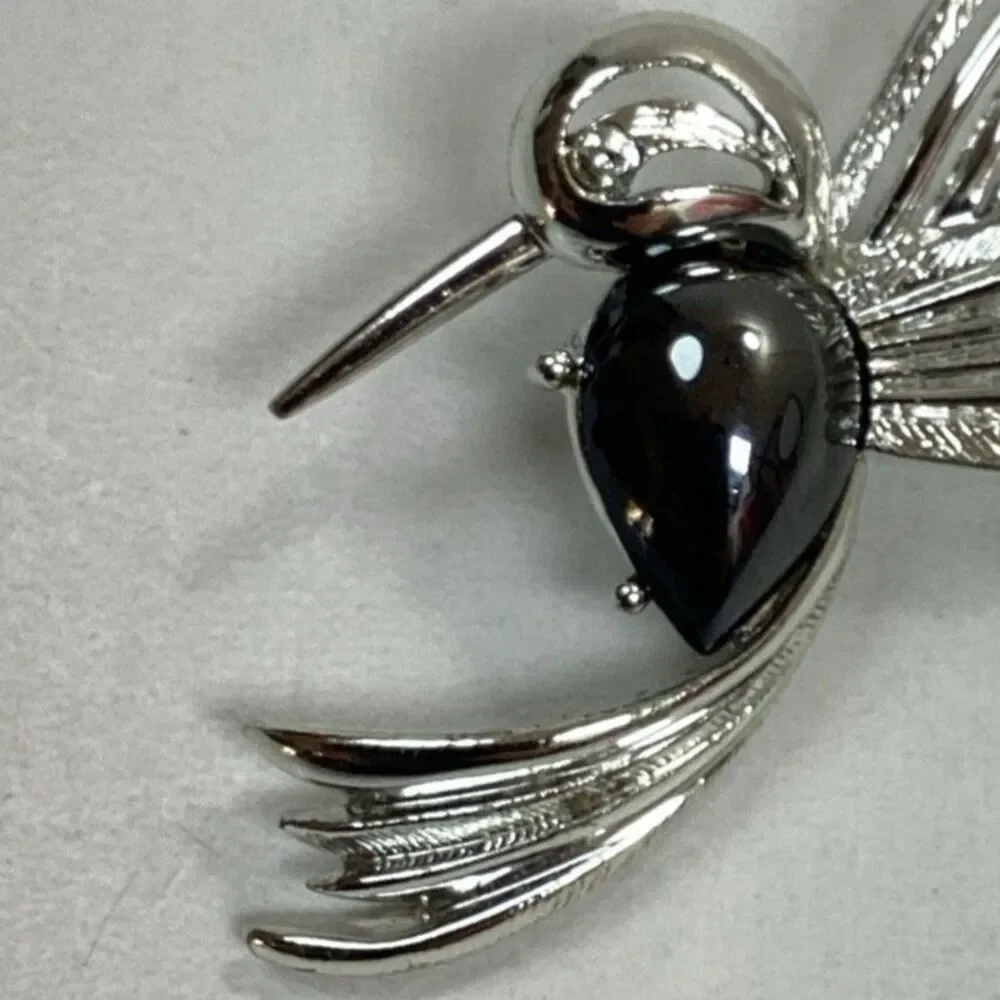 Vtg Judy Lee Hummingbird Brooch Silver Tone Black Polished Stone Bird Pin Signed